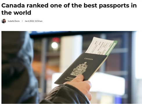 生活质量指数高 加拿大护照实力全球排行前三