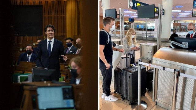Justin Trudeau in the House of Commons. Right: Travellers wearing masks in a Canadian airport.