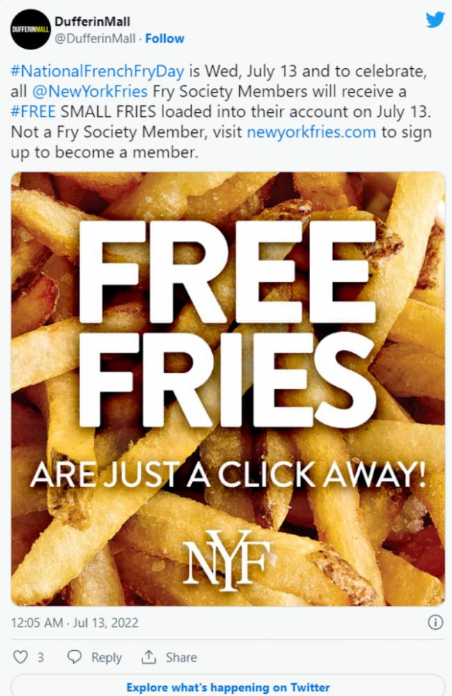 加拿大全境麦当劳、New York Fries薯条免费啦