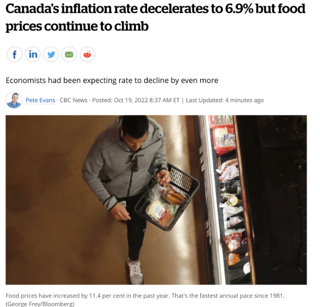 太难了！加拿大9月通胀报告出炉：食品价格涨到41年新高！特鲁多官宣下月发钱
