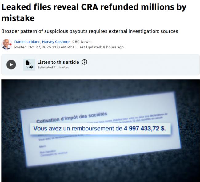 CRA被曝惊天漏洞: 无需审核 9万退税自动到账