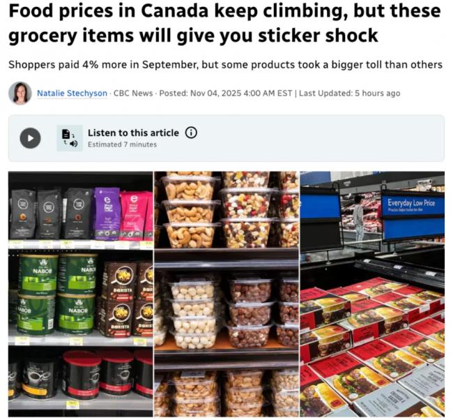 加拿大通胀卷土重来!食物价格飙涨 有些涨得离谱